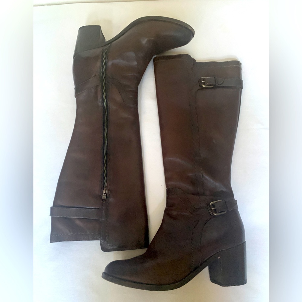 Dark brown Frye knee high heel boots, size 11.